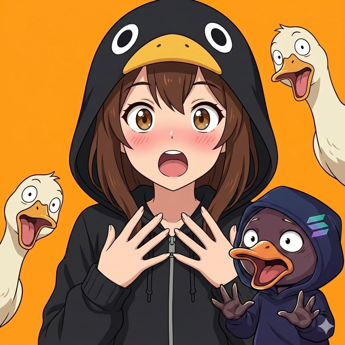 The image features a girl wearing a penguin-themed hoodie with her hands up and mouth open as if she's surprised or excited about something. Behind her, there are two birds - one white bird and one black bird - standing close together. The background of the image is orange, which contrasts nicely with the girl's black hoodie and the birds' colors.