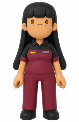 A 3D cartoon figurine of a woman with long black hair, freckles, wearing a maroon and gray uniform with a name tag.