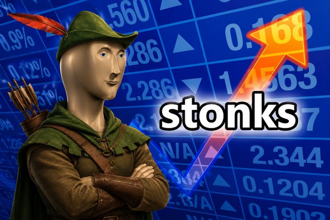A meme image showing the Meme Man character dressed as Robin Hood with a green hat, feather, and arrows, standing with crossed arms against a stock market board background, paired with the word 'stonks' and an upward orange arrow.