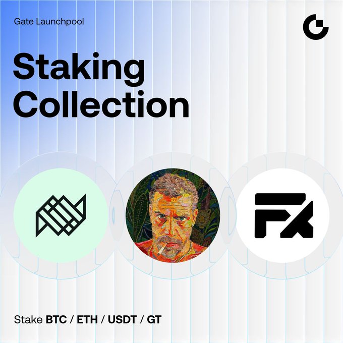 Gate Launchpool promotional graphic titled 'Staking Collection' featuring three cryptocurrency project logos, encouraging users to stake BTC, ETH, USDT, or GT tokens.