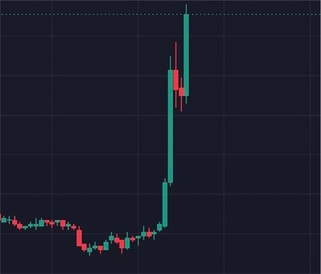 A candlestick chart shows a relatively flat price action on the left followed by a dramatic vertical spike upward, with a small red pullback near the top, visually representing the explosive breakout the poster is hoping a memecoin will replicate.