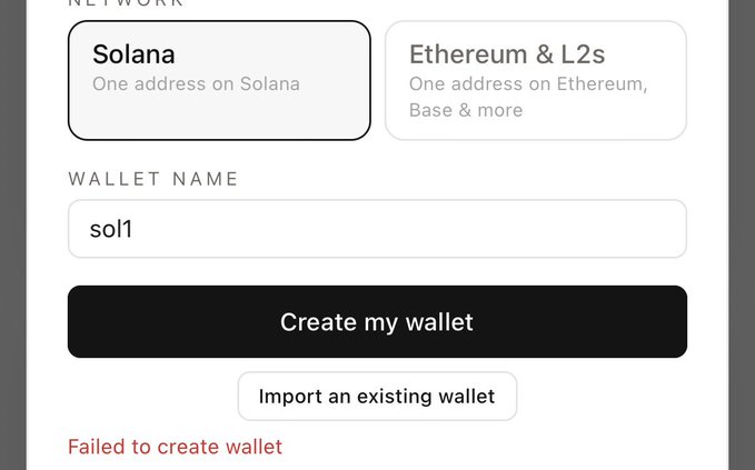 A wallet creation screen shows "Solana" selected as the network with "sol1" entered as the wallet name, alongside an "Import an existing wallet" button, but a "Failed to create wallet" error message appears in red at the bottom—illustrating the user's reported issue with the MoonPay update during wallet creation.