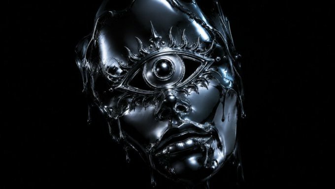 A glossy, chrome-like sculptural face featuring an all-seeing eye in the center of its forehead emerges from a black background, with molten, dripping textures across its features.

The image reflects the post's "concept" of transformation and reconstruction—the face appears to be melting and reforming simultaneously, embodying the described algorithm's themes of chaos, destruction, and reconstruction that generate the NFT collection's unique creatures.