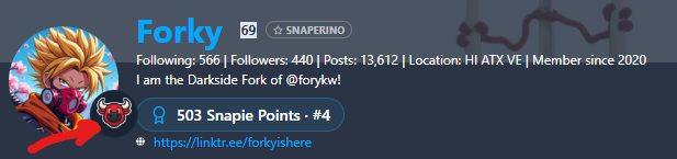 A user profile for 'Forky' (level 69) with the badge 'SNAPERINO' displays stats including 566 following, 440 followers, and 13,612 posts, with the description 'I am the Darkside Fork of @forykw!' and a Snapie Points ranking of #4.