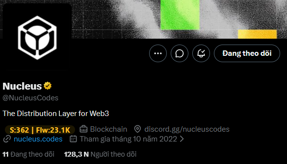 A Twitter/X profile page for 'Nucleus (@NucleusCodes)' describes itself as 'The Distribution Layer for Web3', showing $:362, Flw:23.1K, and a link to nucleus.codes.