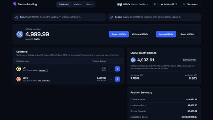 A screenshot of the Canton Lending DeFi platform showing a USDCx supplied balance of 4,999.99 with options to Supply, Withdraw, Borrow, and Repay, along with collateral and position summary details.