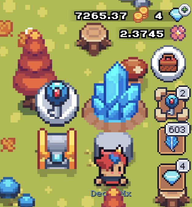 Pixel art from a video game showing various resources on a green field, including a blue crystal cluster, mushrooms, and a character, with currency counters showing 7265.3T gold, 4 diamonds, and 2.3745 flowers.