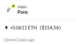 A screenshot showing a 'Claim Pons' transaction for -0.0061 ETH ($15.45.56) made 16 minutes 32 seconds ago.