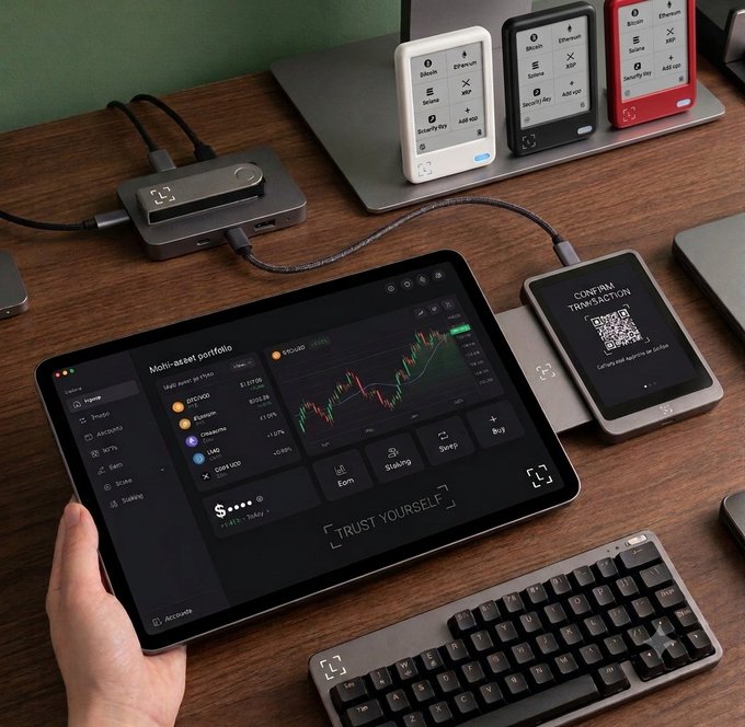 A workspace featuring a tablet displaying a crypto trading interface with "TRUST YOURSELF" written on screen, surrounded by hardware wallets, a keyboard, and a smaller device showing "CONFIRM TRANSACTION" with a QR code.