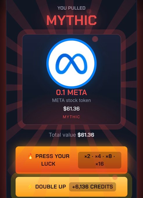 A mobile game screen showing 'YOU PULLED MYTHIC' with '0.1 META' valued at '$61.36', featuring 'PRESS YOUR LUCK' and 'DOUBLE UP' buttons.