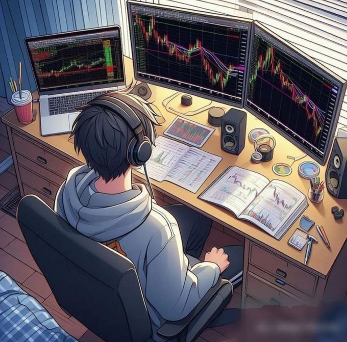 A young person in a hoodie and headphones sits at a multi-monitor trading setup, surrounded by financial charts and notebooks. The image visually reinforces the "They sleep while you make money" message, depicting the dedication and late-night focus required to succeed in markets while others rest.