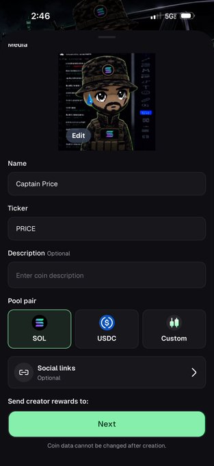 A mobile screenshot of a meme coin creation screen shows a chibi-style avatar of Captain Price (from Call of Duty) with the name "Captain Price," ticker "PRICE," and Solana (SOL) selected as the pool pair, with a "Next" button at the bottom.