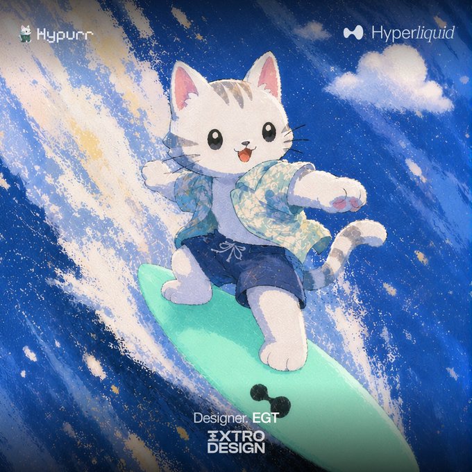 An illustration by designer EGT for Hyperliquid shows a cute cartoon cat wearing a Hawaiian shirt and blue shorts, surfing on a teal surfboard through ocean waves under a blue sky.
