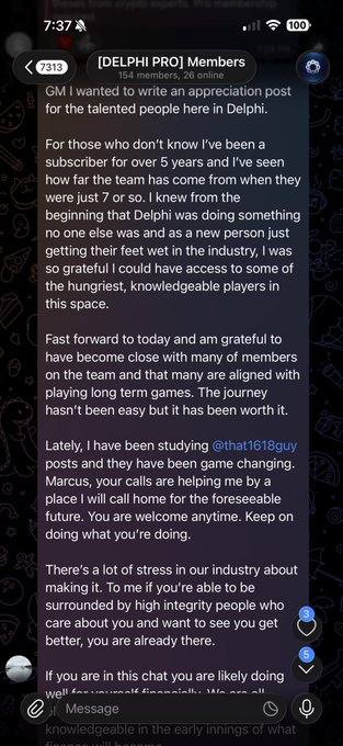 A screenshot from the Delphi Pro members chat shows a lengthy appreciation post from a 5-year subscriber praising the team's analysis, with a recent mention of studying "@that1618guy" posts as "game changing." The image directly supports the accompanying caption by highlighting a member's testimonial about the value of Delphi Digital's chat and analyst community.