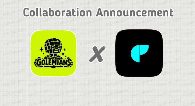 A 'Collaboration Announcement' graphic featuring the Golemiens logo alongside a black app icon with a cyan design, set against a 'CLOUDQUEST' watermarked background.