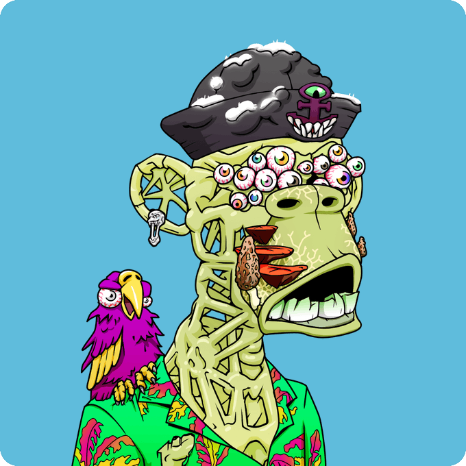 A grotesque cartoon character with multiple eyeballs covering its face, wearing a black hat with a ship emblem and a green floral shirt, with a small purple bird perched on its shoulder.