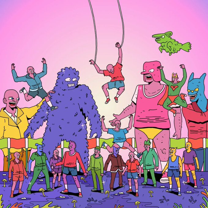 The image features a group of people standing together with various colorful outfits, including one person wearing a pink shirt and another dressed as a giant blue monster. The scene takes place outdoors, possibly at an event or gathering where everyone appears to be having fun. The post is about a collection of 19 characters from different backgrounds, which are displayed in the image along with their unique costumes. The post also mentions that it's currently open for bidding on @TransientLabs and @TransientLabs.05 transient.xyz/nfts/ethereum/ ...