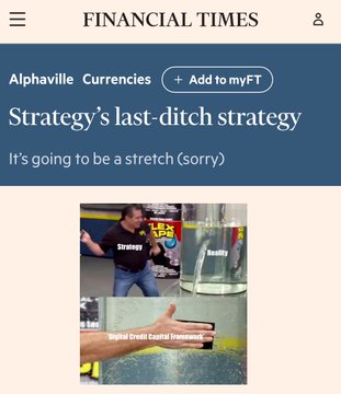 A Financial Times article headline reads "Strategy's last-ditch strategy" with a subheading "It's going to be a stretch (sorry)," under the Alphaville Currencies section.