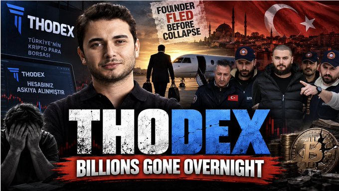 A YouTube-style thumbnail titled 'THODEX BILLIONS GONE OVERNIGHT' about Thodex crypto exchange, showing a man in front of Turkish flags and 'FOUNDER FLED BEFORE COLLAPSE' text.