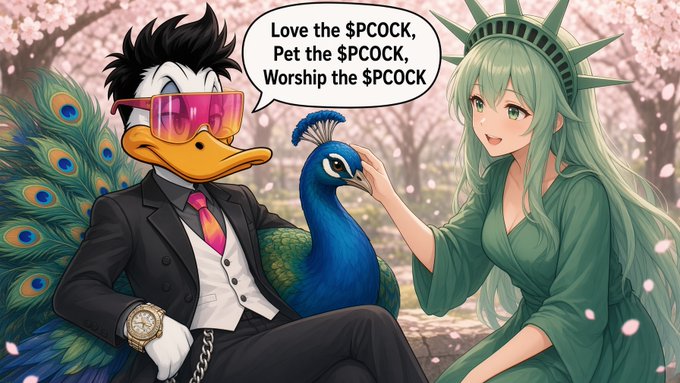 An anime-style illustration featuring a duck-like character in a black suit and neon sunglasses sitting next to a green-haired Statue of Liberty figure; a speech bubble reads 'Love the $PCOCK, Pet the $PCOCK, Worship the $PCOCK'.