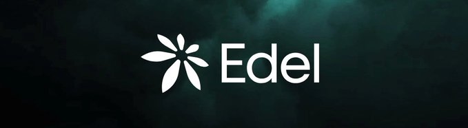The image displays the Edel logo—featuring a white starburst/asterisk symbol next to the name "Edel"—set against a dark, smoky teal background. It serves as the branding backdrop for news announcing Edel (ticker: $EDEL) surging 215% in 14 days following its roadmap reveal and admission to the DTCC Digital Assets Working Group alongside major institutions like BlackRock, Goldman Sachs, JPMorgan, and NYSE.