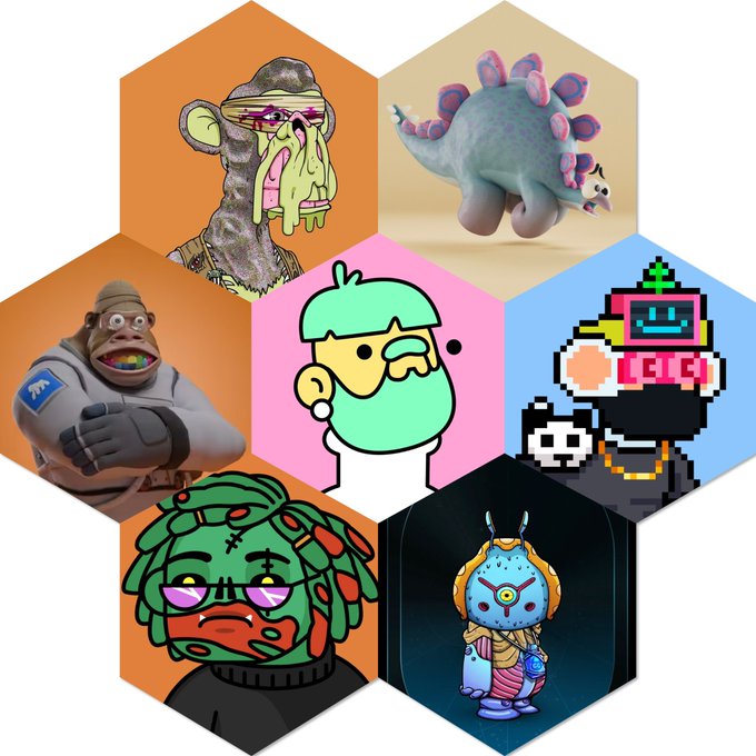 A collage of hexagonal tiles featuring various NFT-style character art including a dripping monkey, stegosaurus, gorilla, cartoon figure, pixelated character, zombie-like figure, and an alien-like character.