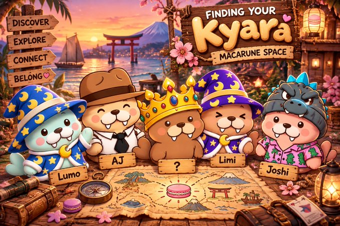 An illustrated banner titled 'FINDING YOUR Kyara - MACARUNE SPACE' features cute animal characters labeled 'Lumo', 'AJ', '?', 'Limi', and 'Joshi' against a sunset backdrop.
