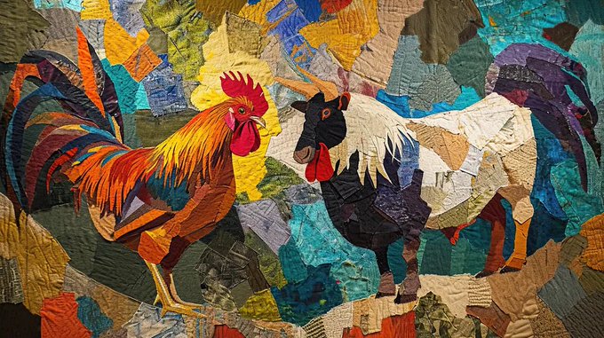 A vibrant, colorful collage-style artwork depicts a rooster and a goat facing each other, constructed from various textured paper fragments.