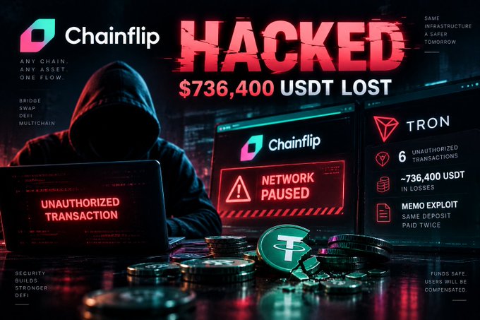 A graphic advertises Chainflip's security incident, featuring a hooded hacker and text reading 'HACKED $736,400 USDT LOST', 'TRON', 'NETWORK PAUSED', and details of a memo exploit.