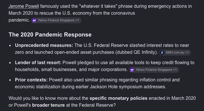 The image shows text referencing Jerome Powell's March 2020 "whatever it takes" moment and the subsequent monetary policies (QE, rate cuts, emergency lending) enacted during COVID. The caption highlights how Powell's reassuring words mirrored Mario Draghi's famous 2012 ECB statement, with both instances triggering massive market rallies.