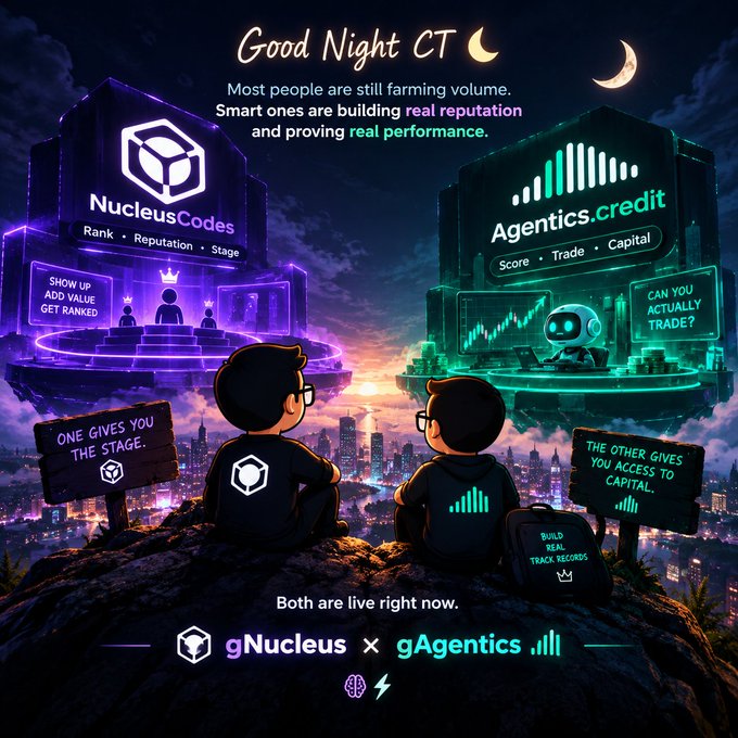 A promotional digital poster reading "Good Night CT" featuring "NucleusCodes" ("Rank · Reputation · Stage") and "Agentics.credit" ("Score · Trade · Capital") with text "Both are live right now" and "gNucleus x gAgentics".