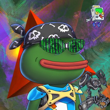 A green Pepe the Frog character with a red star behind it, wearing a skull bandana, green matrix-code sunglasses, and blue clothing, set against a colorful psychedelic background.