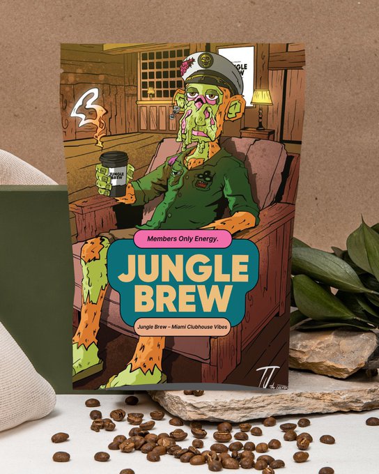 A "JUNGLE BREW" coffee bag mockup features cartoon artwork of a green monkey character in a lounge outfit holding a coffee cup, with the text "Members Only Energy." and "Jungle Brew - Miami Clubhouse Vibes".