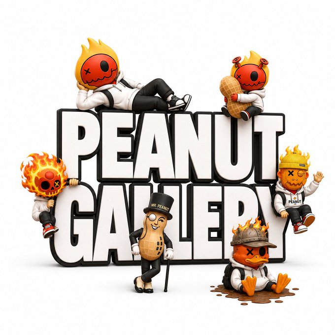 Promotional artwork for 'PEANUT GALLERY' featuring various cartoon peanut characters with flame heads wearing different outfits and accessories.