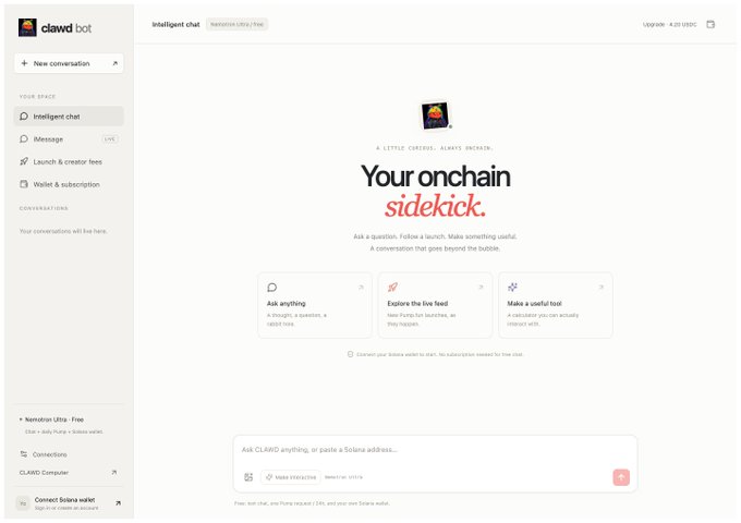 A screenshot of the CLAWD bot interface showing 'Your onchain sidekick' with options to ask anything, explore the live feed, and make a useful tool.