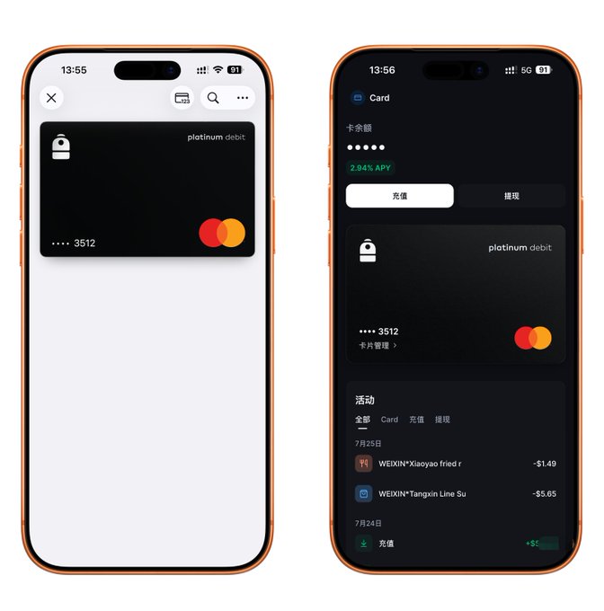 Two iPhone screens display a "platinum debit" card (ending in 3512) with Mastercard branding, showing card management on the left and transaction details on the right including "2.94% APY," recent transactions like "WEIXIN*Xiaoyao fried r -$1.49" and "WEIXIN*Tangxin Line Su -$5.65." The screens illustrate the user successfully resolving their Apple Pay setup for what appears to be a Fiat24 debit card, as referenced in their post about transitioning from the discontinued SafePal/Bitget co-branded card.