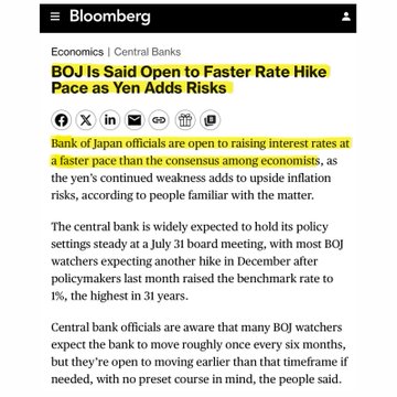 The image shows a Bloomberg article titled "BOJ Is Said Open to Faster Rate Hike Pace as Yen Adds Risks," reporting that Bank of Japan officials are considering raising interest rates more quickly than economists expect, following last month's rate hike to 1%, the highest in 31 years.

The caption relates to the post about Japan by highlighting the BOJ's potential accelerated rate hikes and yen currency risks—both factors that could influence global markets, including XRP trading, given Japan's significant role in crypto regulation and liquidity.
