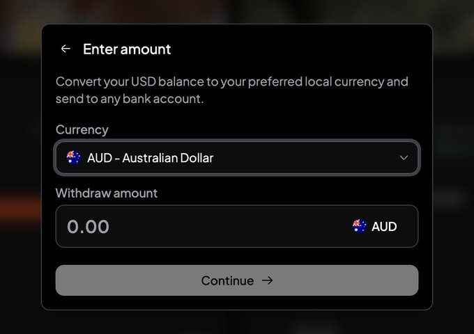 A dialog box titled "Enter amount" appears, showing a currency selector set to "AUD - Australian Dollar" and a "Withdraw amount" field displaying "0.00 AUD," with a disabled "Continue" button at the bottom. This represents the interface for converting a USD balance to AUD and withdrawing to an Australian bank account, aligning with the post announcing a new AUD offramp feature on Hyperliquid.