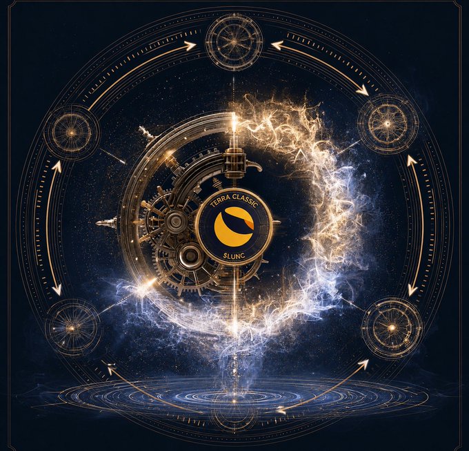 A digital artwork featuring the Terra Classic ($LUNC) logo set within an intricate, glowing golden cosmic mechanism with orbiting rings and a central face.