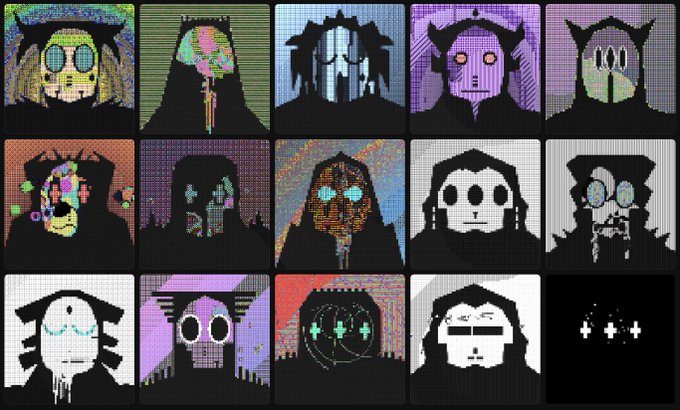 A grid of fifteen pixel art portraits depicting various stylized, hooded, and masked character faces in different color palettes against dark backgrounds.