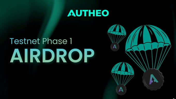 A promotional graphic for Autheo announces "Testnet Phase 1 AIRDROP," featuring teal parachutes with the Autheo "A" logo delivering coin tokens against a dark green background. The image aligns with the post's announcement of the upcoming $THEO token generation event on August 20th, highlighting an airdrop opportunity as part of the project's testnet rollout.
