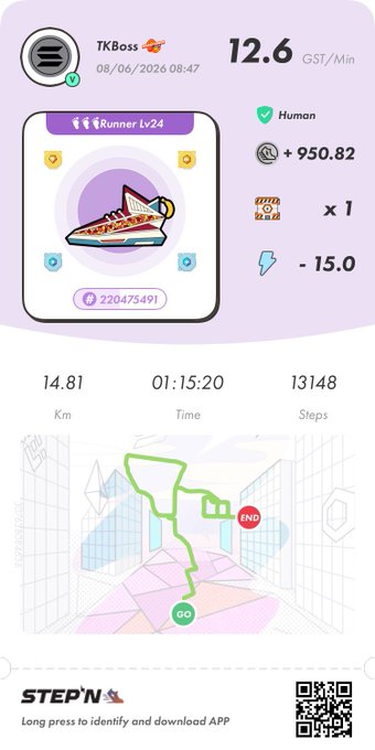 The image shows a step counter app with a purple background, displaying information about the runner's progress during their run. The app provides details such as the distance covered, time taken, and the number of steps taken. It also includes a map that helps track the runner's location and route. The post is titled "StepN" and has a caption that reads: "今週はしているけどずちゃんだけどずちゃんだ... アカウントですけどずちゃんだ...".