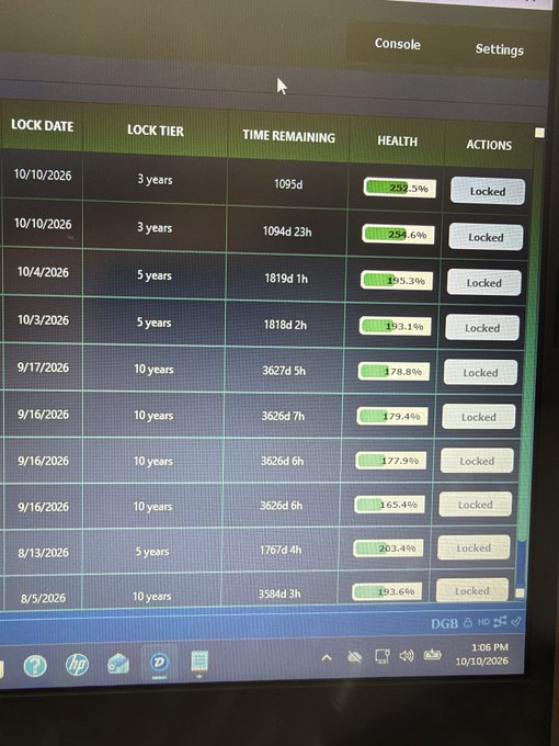 A computer screen displays a database interface showing various 'LOCK DATE', 'LOCK TIER', 'TIME REMAINING', and 'HEALTH' columns with 'Locked' status actions, dated 10/10/2026.