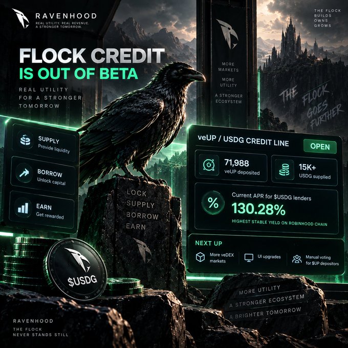 A promotional graphic for RAVENHOOD announcing 'FLOCK CREDIT IS OUT OF BETA' featuring a raven perched on stone with details about a veUP/USDG credit line showing 130.28% APR.