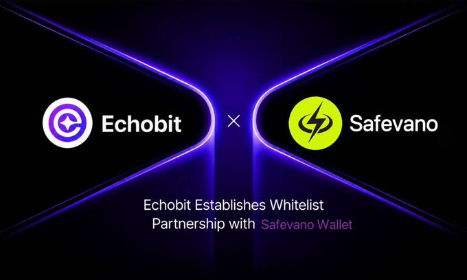 A promotional graphic announces the partnership between Echobit and Safevano Wallet, featuring their logos side by side against a dark background with glowing purple hourglass-shaped light effects and a central "×" symbol denoting the collaboration, accompanied by the text "Echobit Establishes Whitelist Partnership with Safevano Wallet."