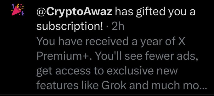 A tweet posted by a user named @Technorevenant, who's account is linked with the name @CryptoAWAZ, announces that they have received a year of X Premium. The text states "You have received a year of X premium! You'll see fewer ads, get access to exclusive new features like Gork and much more...".