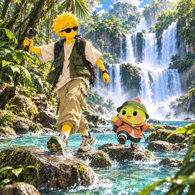 An anime-style illustration of a yellow-haired character in sunglasses and outdoor gear holding a camera, accompanied by a small green creature in a jungle setting with waterfalls.