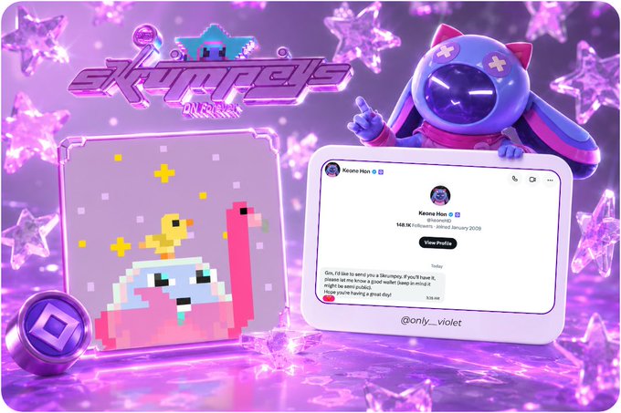 The image features a pink background with purple stars, along with a white screen displaying a message from a user named "Nova" who has posted a photo of their pet flamingo. The post includes text that reads, "Good morning! I'm using @skrumpeys fyi the tiny cute creature i'm using as my pfp is a Skrumpey DN DNDN".