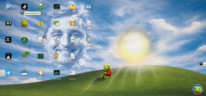 A desktop screenshot featuring the iconic Windows XP "Bliss" wallpaper (green hills, blue sky, white clouds, and bright sun), where the smiling frog from the TOAD meme sits on the grassy hill among various desktop shortcuts like Discord, Telegram, and coding-related apps. The image relates to the post about the $TOAD website art by humorously replacing the XP wallpaper's peaceful landscape with the recognizable TOAD character, making the crypto-themed meme feel right at home in a nostalgic tech setting.