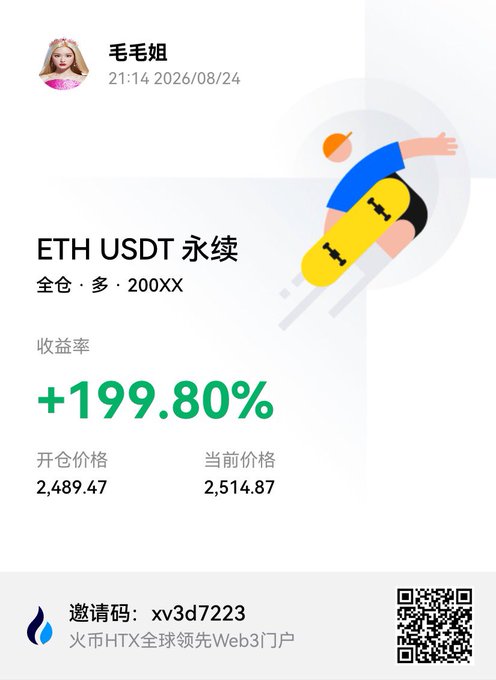 A Chinese cryptocurrency promotional graphic showing ETH USDT perpetual futures with a +199.80% return rate, starting price 2,489.47 and current price 2,514.87, featuring an illustration of a skateboarder.